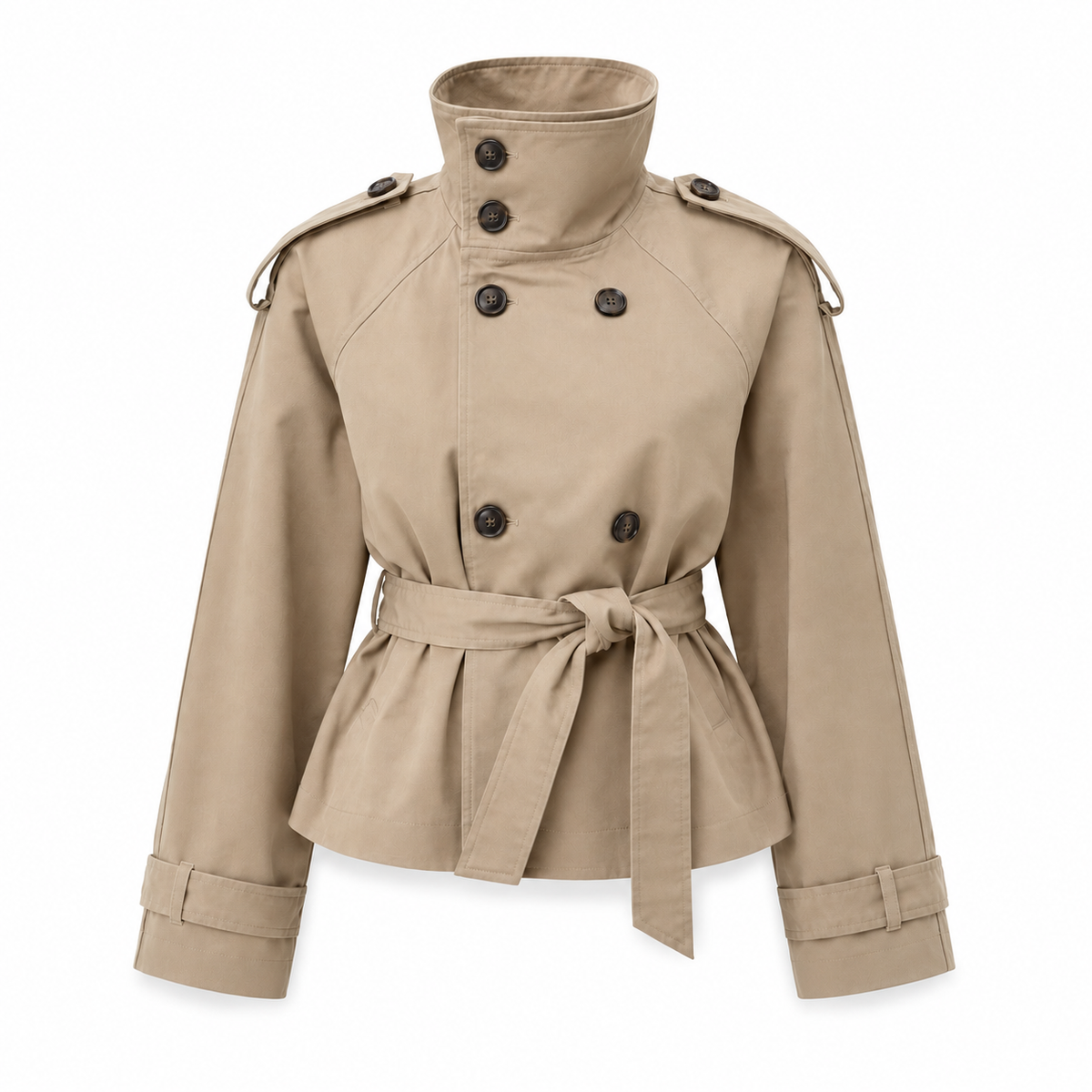 Belted Trench Coat - Stand Collar