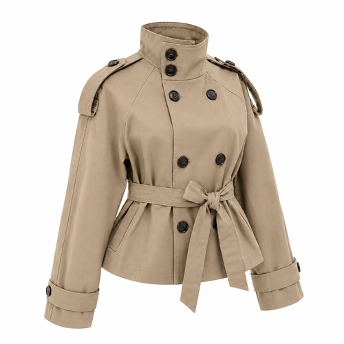 Belted Trench Coat - Stand Collar