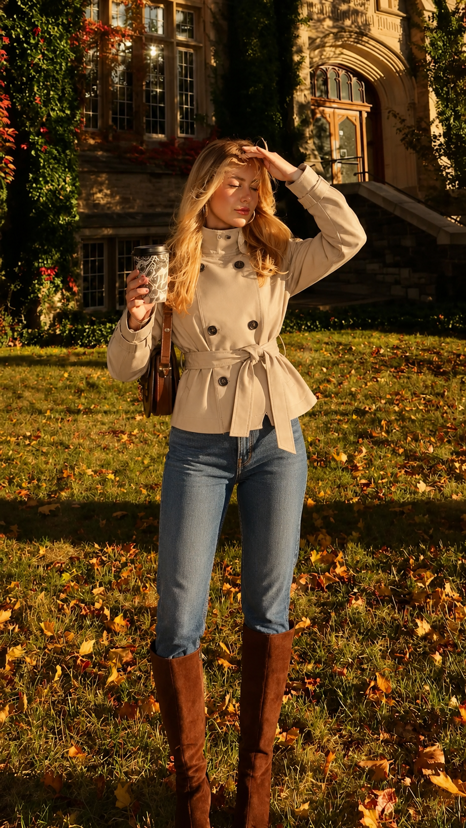 Belted Trench Coat - Stand Collar